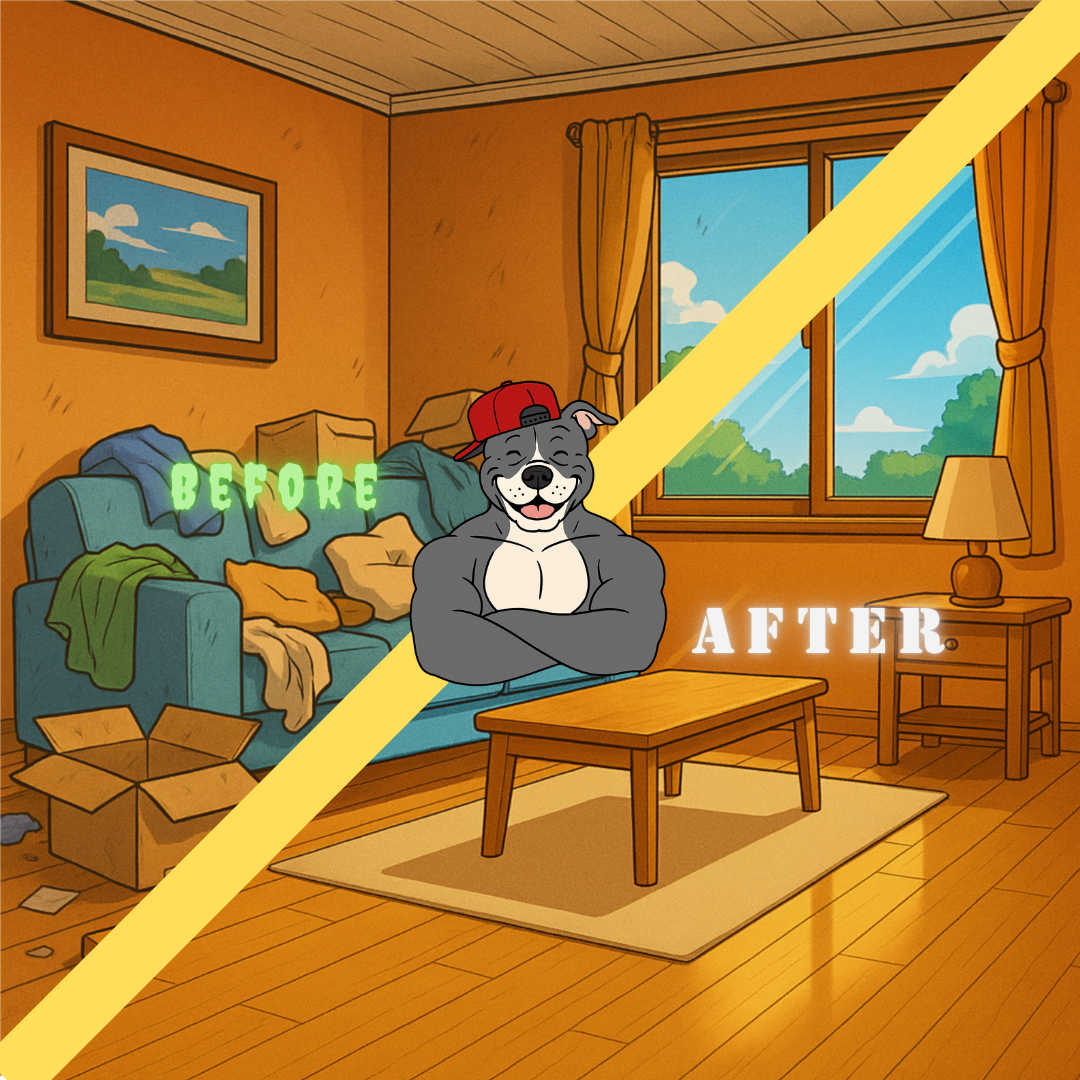 Before and after of a cluttered living room being cleaned out by Smokey
